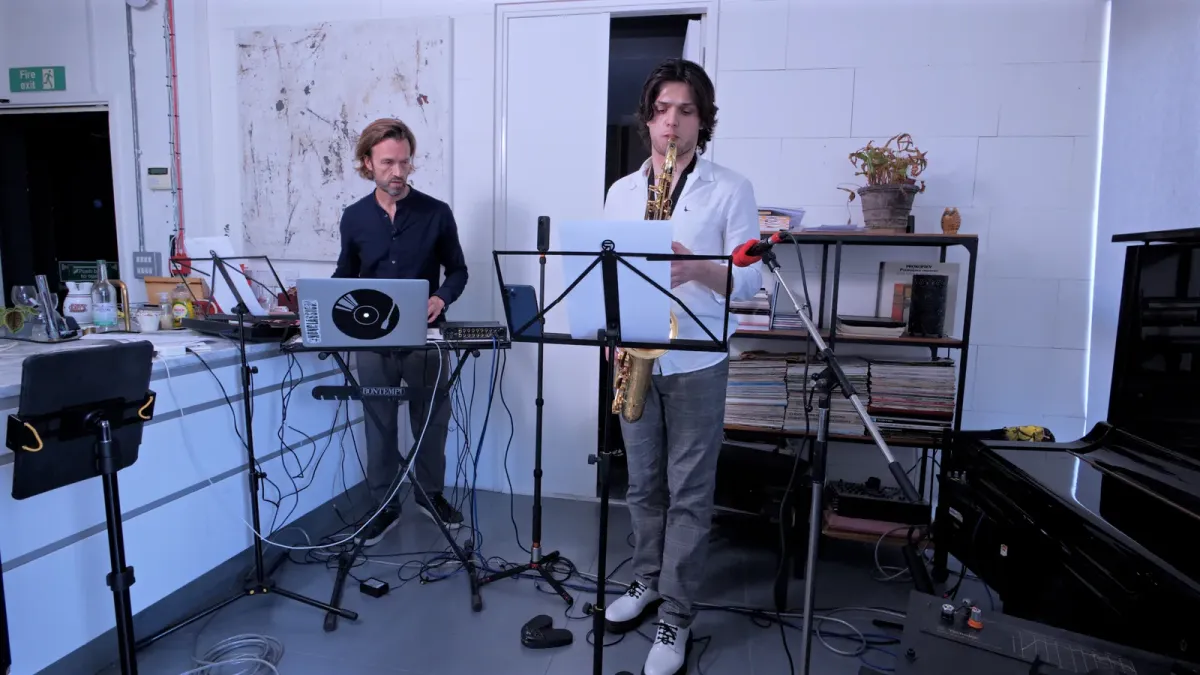 Gabriel Prokofiev at a keyboard beside Oliver Tesic playing the saxophone at the SIFFA masterclass